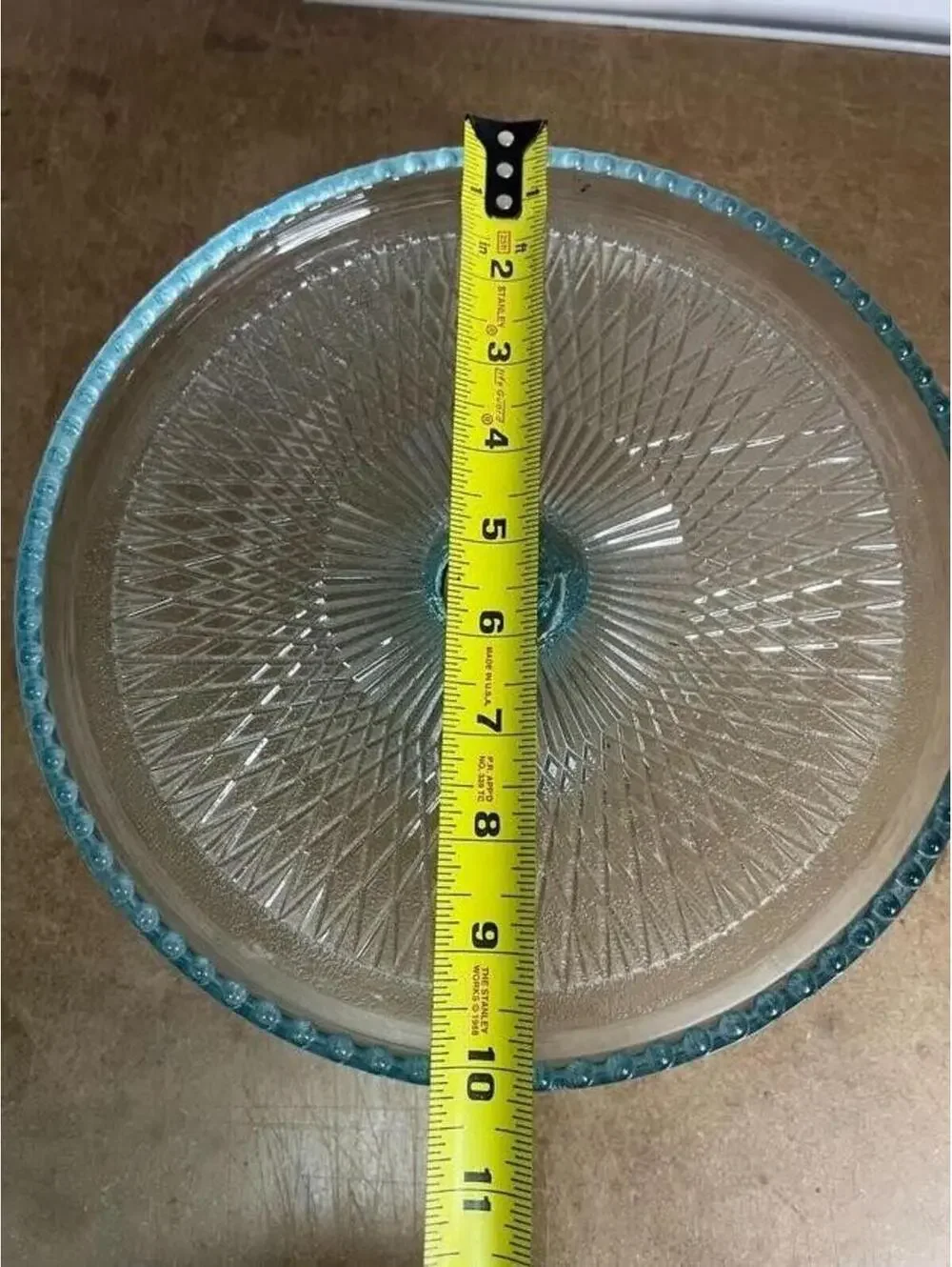 Blue Pressed Glass Pedestal Cake Stand Beaded Edge Retro Round Dessert Tray